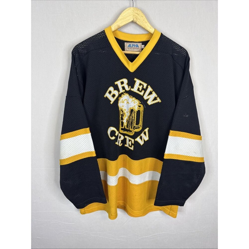 Vintage Alpha Sportswear “Brew Crew” Hockey‎ Jersey Black Yellow Mesh L League